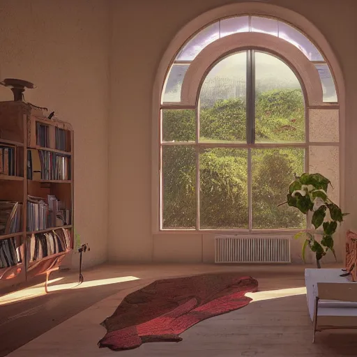 Prompt: 70s interior with arched windows, natural sunlight, summer, hanging plants, cinematic, cyberpunk, lofi, calming, dramatic, fantasy, by Moebius, by zdzisław beksiński, Fantasy LUT, epic composition, sci-fi, dreamlike, surreal, angelic, cinematic, 8k, unreal engine, fantasy concept art,