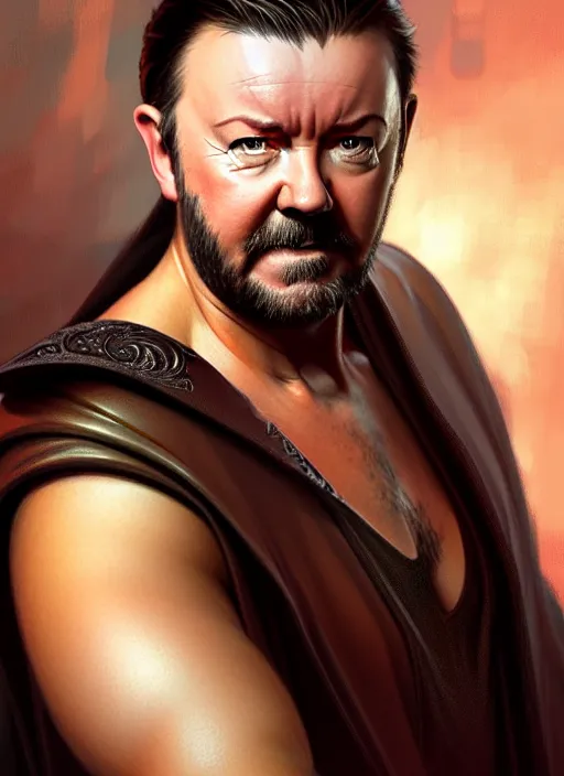 Image similar to portrait of ricky gervais, d & d, muscular! fantasy, intricate, leather robes, elegant, highly detailed, digital painting, artstation, concept art, smooth, sharp focus, illustration, art by artgerm and greg rutkowski and alphonse mucha