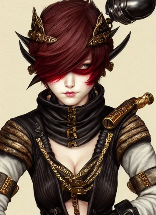 Image similar to rogue, fantasy ornate leather bandit outfit!!! beautiful and athletic short hair female!! gorgeous face and eyes!! character concept art, sharp focus, octane render! unreal engine 5! highly rendered!! trending on artstation!! detailed linework!! illustration by chie yoshii, artgerm, and wlop