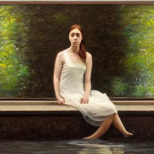 Image similar to oil painting of girl sitting in fish tank drowning alone. she is wearing a white dress and has long brown hair. by aron wiesenfeld.