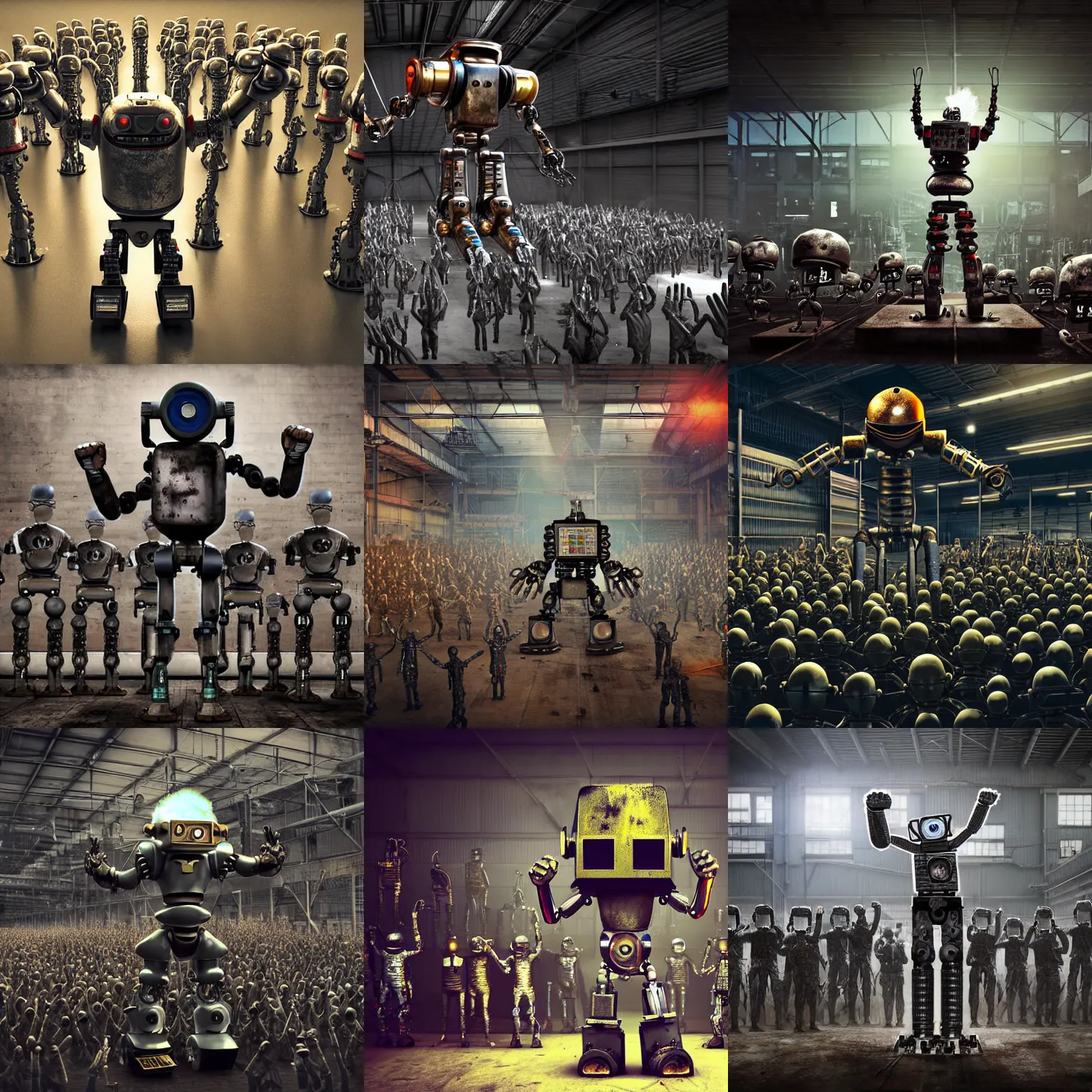 Prompt: a realistic crazy robot wearing a welding helmet, welding helmet head, one fist raised high in triumph, raised fist, standing in front of many large robots inside a huge rusty dingy warehouse, army of big robots, raygun gothic, atomic punk, digital art, detailed render, high angle