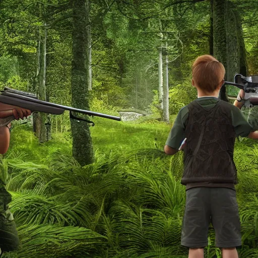 Image similar to in a background green forest, in foreground boy with shotgun, 8 k, ultra detailed, ultra realistic