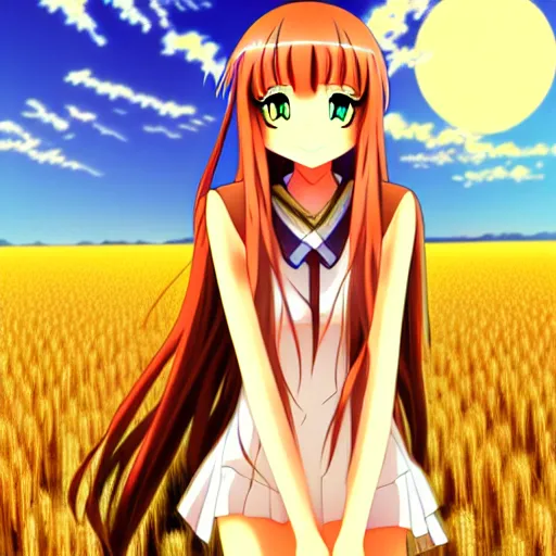 Image similar to anime illustration of Holo from Spice and Wolf standing in a wheat field at sunset, Holo is a wolf girl, high detail, trending on pixiv