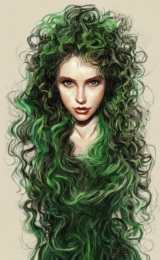 Image similar to a young woman with wild, curly hair and bright green eyes. she's wearing a flowing dress made of light, airy fabric and she has a mischievous look on her face, dynamic lighting, photorealistic fantasy concept art, trending on art station, stunning visuals, creative, cinematic, ultra detailed