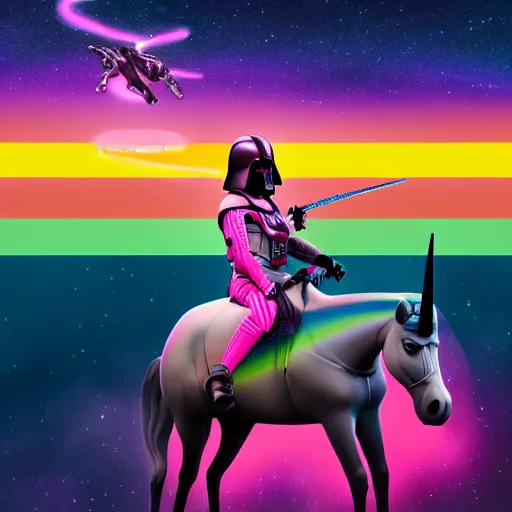 Image similar to beautiful matte painting, rainbow colored pink pink darth vader wearing pink wearing pink, riding a unicorn, riding a unicorn, riding a unicorn over a glittering rainbow in space by lisa frank and dan mumford, octane render, HDR, vivid color, volumetric lighting, unreal engine, concept art, CGsociety, trending on artstation