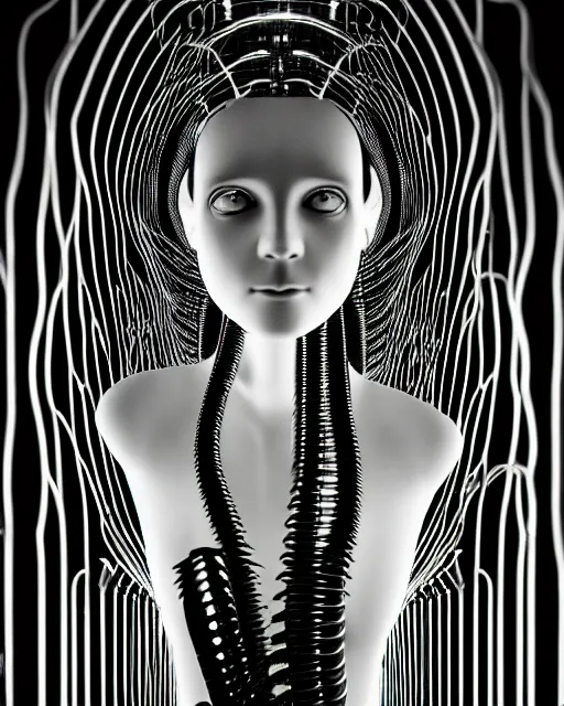 Prompt: black and white artistic photo, young female cyborg - plant goddess, microchip, artificial intelligence, bio - mechanical bio - luminescence, black wired cables, cinematic, rim light, photo - realistic, 8 k, in the style of dora maar and h. g. giger