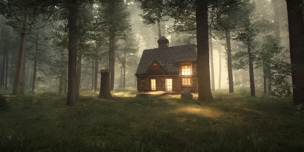 Image similar to a single cottage with a thached roof in the woods and empty woods, 8k, fantasy, unreal engine, dramatic lighting, cinematic