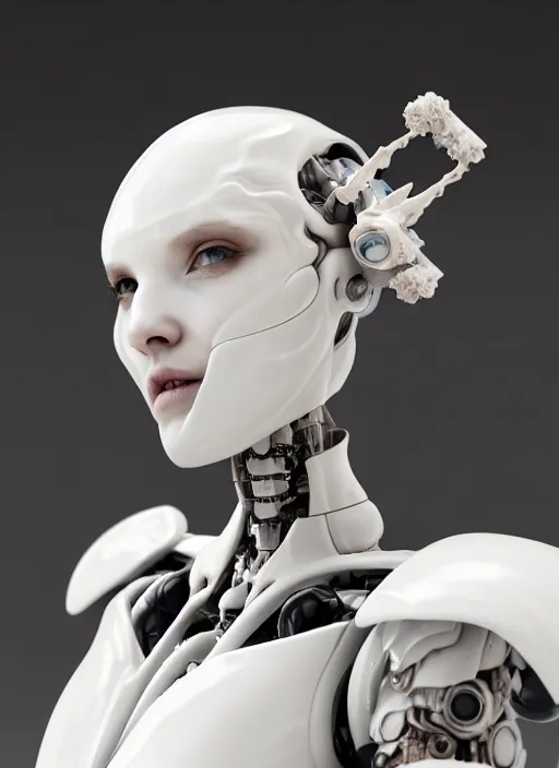 Image similar to beautiful porcelain ivory cyborg warrior carrying perfume bottle, well contoured smooth fair skin carrying perfume bottle, up close shot, sharp focus, global illumination, radiant light, biomechanical black corals daisies, alexandre ferra white mecha, irakli nadar, octane highly render, 4 k, ultra hd,