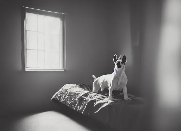 Image similar to photography of a Jack Russel . watching outside the window. on a bed. in a vintage room full of vinyls and posters.,volumetric light, photorealistic,, award winning photo, 100mm, sharp, high res