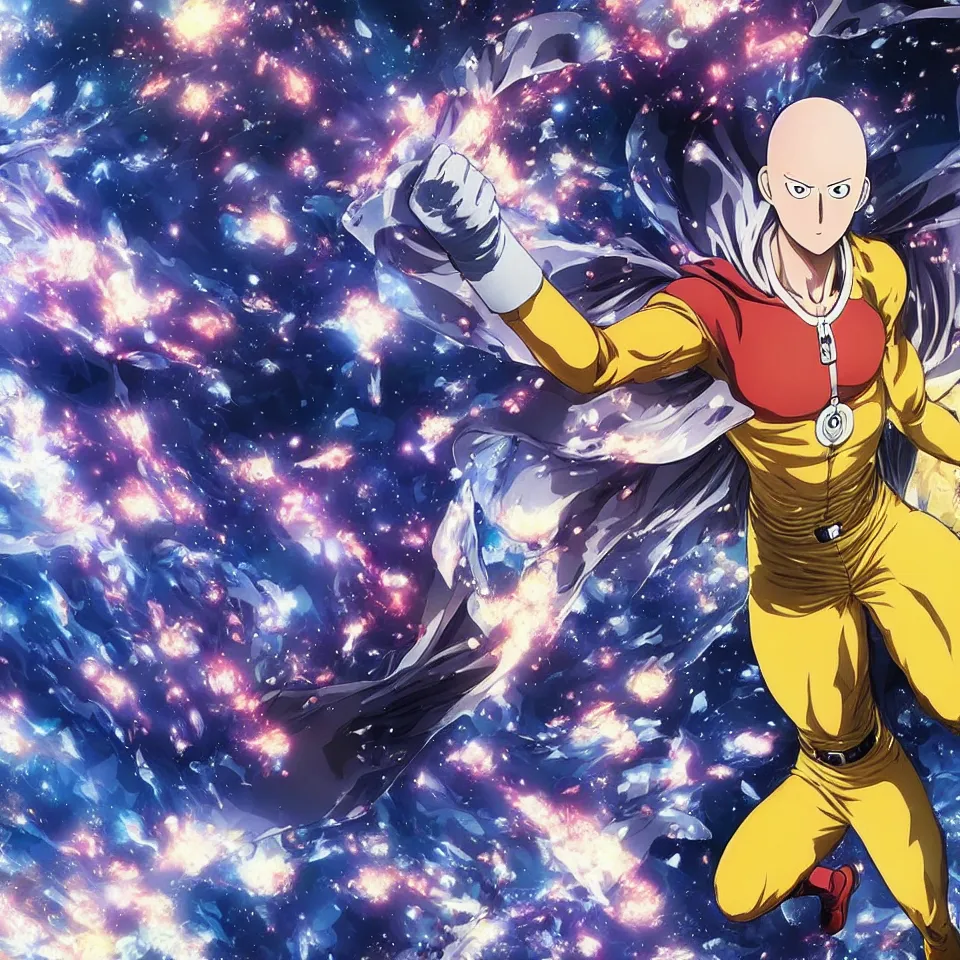 Image similar to one punch man Saitama made of stars, art by Yusuke Murata,centre composition, cinematic, trending on artstation, low level, 4K UHD image,