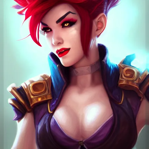 Image similar to portrait of Vi from League of Legends, by Fortiche Studio, from Netflix's Arcane, trending on artstation,fine details, realistic shaded, fine-face, foggy Steampunk city on the background, tattoo on face, red hair, painted texture, pretty face,by Artgerm