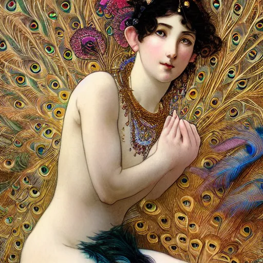 Prompt: highly detailed dancing beautiful cute girls with peacock feathers, endless black hair, with pale skin, fibonacci, fragile, sitted on an intricate stone throne by alphonse mucha, ayami kojima, yoshitaka amano, charlie bowater, karol bak, greg hildebrandt, jean delville, and mark brooks, 4 k resolution