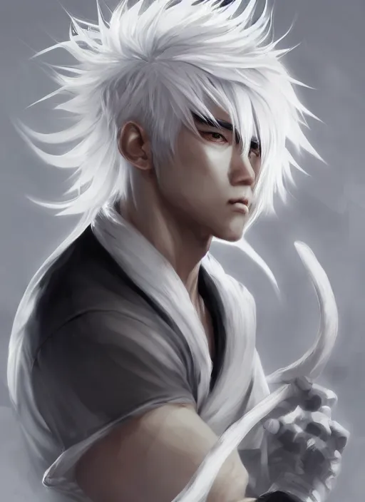 Image similar to a highly detailed illustration of fierce white haired attractive young japanese man wearing white hakama, black eyes, dramatic serious pose, muscular, intricate, elegant, highly detailed, centered, digital painting, artstation, concept art, smooth, sharp focus, league of legends concept art, wlop