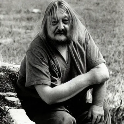 Image similar to robert wyatt sitting and proudly holding a gremlin