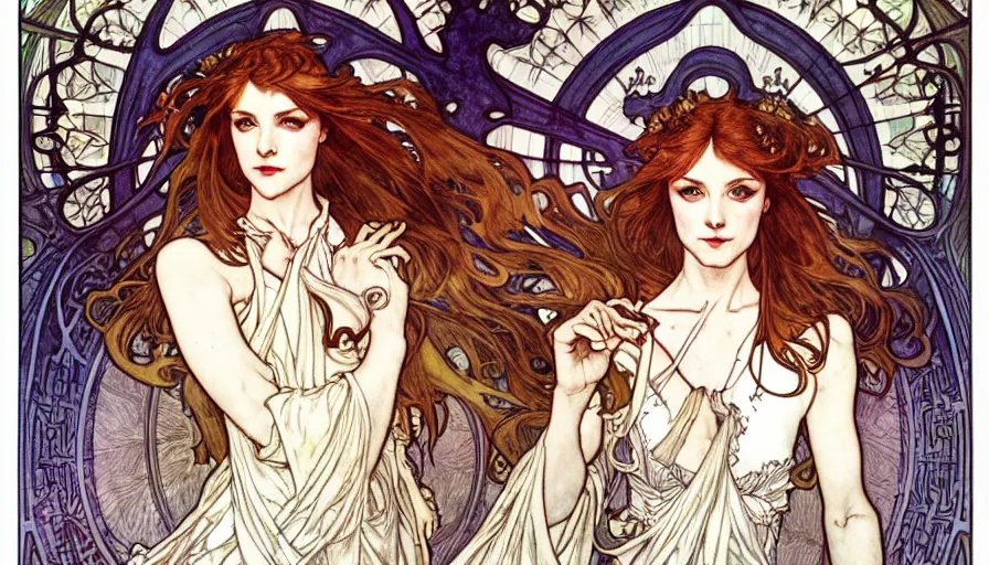 Image similar to in the style of artgerm, arthur rackham, alphonse mucha, evan rachel wood, symmetrical eyes, symmetrical face, flowing white dress, warm colors