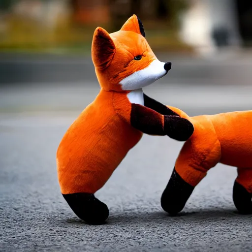 Image similar to Two fox plushies playfully wrestling on the sidewalk, dynamic, motion blur, 1/4 shutter speed, award winning photography