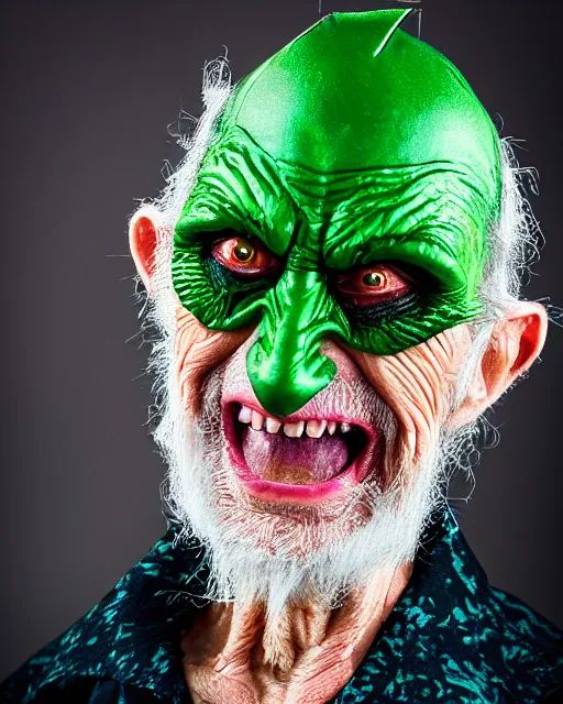 Prompt: A studio photo of the supervillain Green Goblin as an old man, 70 years old, bokeh, 90mm, f/1.4