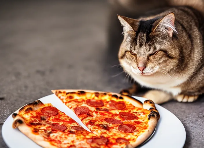 Prompt: photo of a very fat cat angrily eating a slice of cheesy pizza. nikon d 8 5 0 5 5 mm.