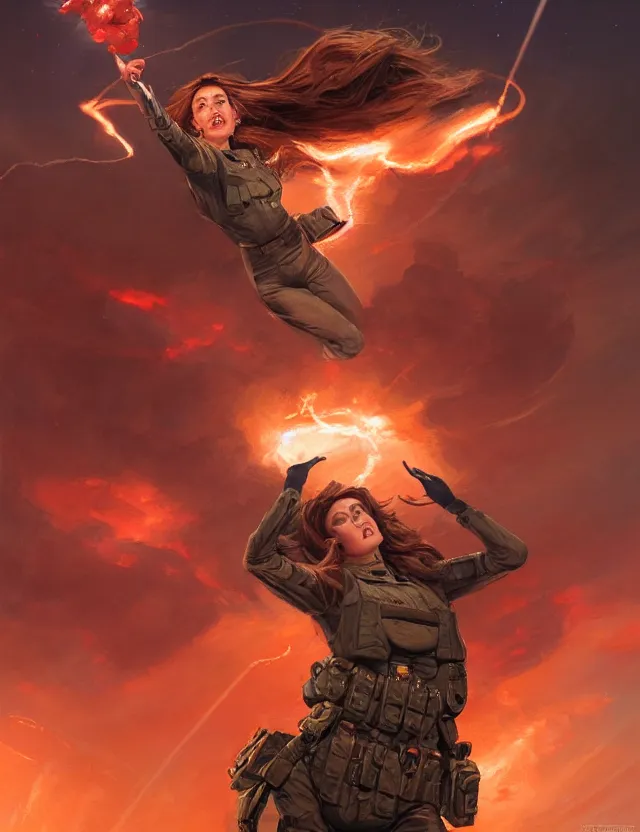 Image similar to a brown - haired woman in a military uniform hovering in the air glowing with red light and crackling energy, by frank fazetta and peter mohrbacher, trending on artstation, digital art, 4 k resolution, detailed, high quality, sharp focus, hq artwork, coherent, insane detail, concept art, character concept, character full body portrait