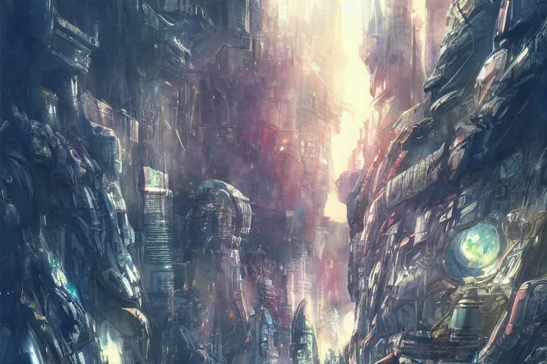 Image similar to a vast planetary sci-fi city by Yoshitaka Amano, watercolor illustration, artstation, dramatic scenery, masterpiece, aesthetic