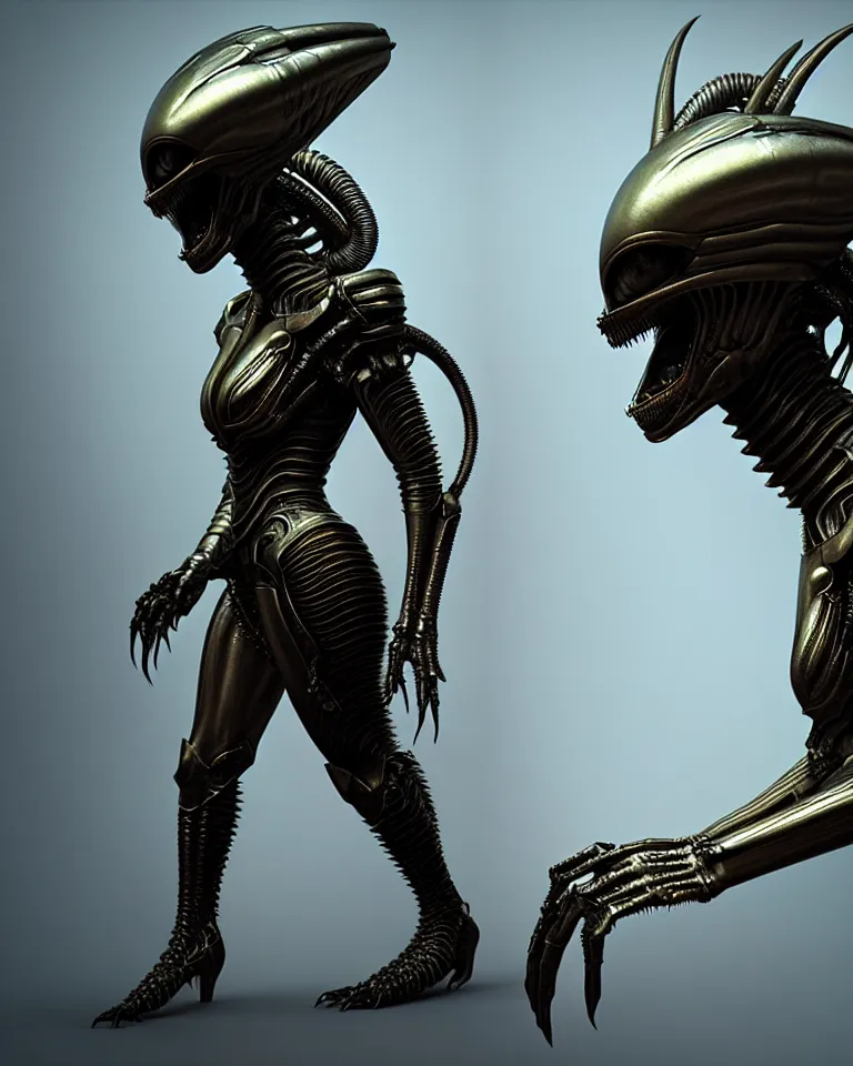 Image similar to epic portrait of alien queen in ring armour by giger and elvgren epic octane vfx maya render