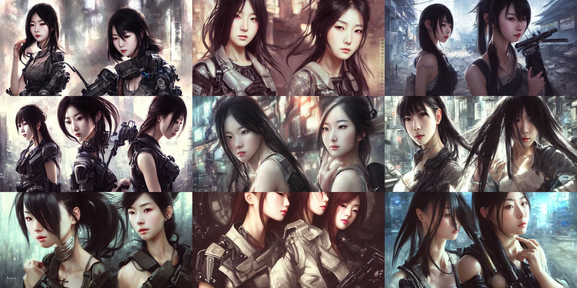 Prompt: ultra realistic beautiful alluring tactical japanese college girl team techno art, gorgeous face and figure, dramatic poses, in post apocalyptic cyberpunk tokyo, sci - fi, fantasy, intricate, elegant, highly detailed, digital painting, artstation, concept art, smooth, sharp focus, illustration, beautiful light and shadows, art by artgerm and tian zi and alphonse mucha