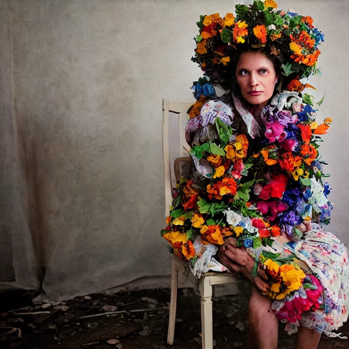 Image similar to closeup portrait of a woman with a hood made of flowers and rainbows, sitting in a chair in an abandoned house, by Annie Leibovitz and Steve McCurry, natural light, detailed face, CANON Eos C300, ƒ1.8, 35mm, 8K, medium-format print