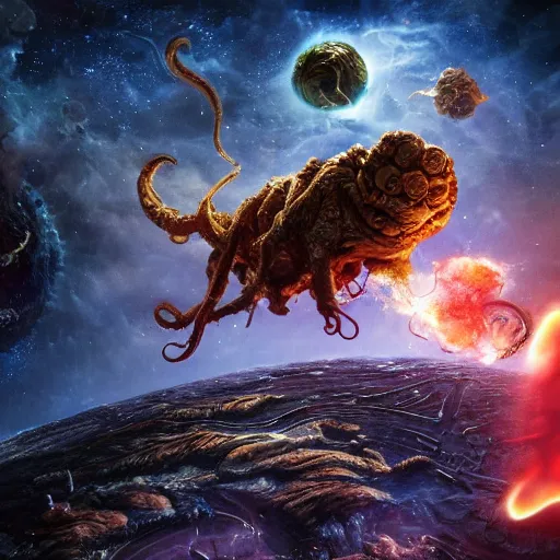 Prompt: one eldritch horror bloody garfield in space, galaxy, hd, 8 k, explosions, gunfire, lasers, giant, epic, realistic photo, unreal engine, stars, prophecy, powerful, cinematic lighting, destroyed planet, debris, movie poster, violent, sinister, ray tracing, dynamic, print, epic composition, dark, lasagna, horrific