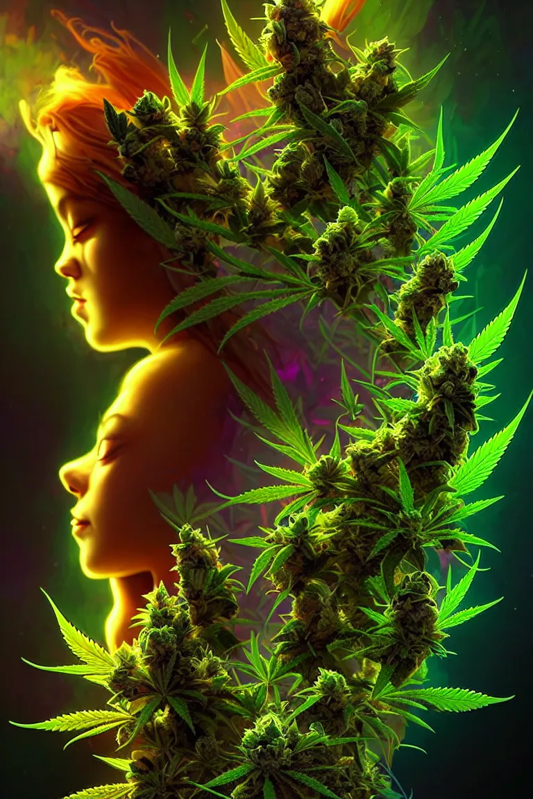 Prompt: epic scale cinematic full body marijuana goddess character concept perfect focus closeup macro photography of a beautiful marijuana bud crystals trichomes, densely packed buds of weed neon blacklight, sacred dmt weed goddess visionary fantasy art by greg rutkowski android jones artgerm max chroma mucha rule of thirds golden ratio alien plants