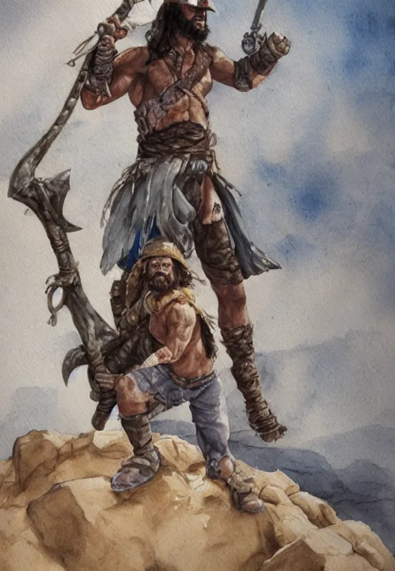 Image similar to randy savage with an anchor weapon slung over his shoulder and foot heroically on a boulder posing alone in desolate wasteland | portrair | fantasy watercolour painting | middle earth | conan | darksun | d & d dungeons and dragons | barbarian