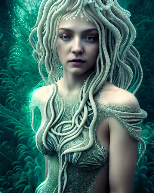 Image similar to surreal mythical dreamy underwater artistic bw fine art photo of a beautiful young female angelic - medusa - cyborg covered with fish scales and algae, highly detailed, intricate crystal ivy jelly fish scales ornate, poetic, octane render, 8 k, photo - realistic