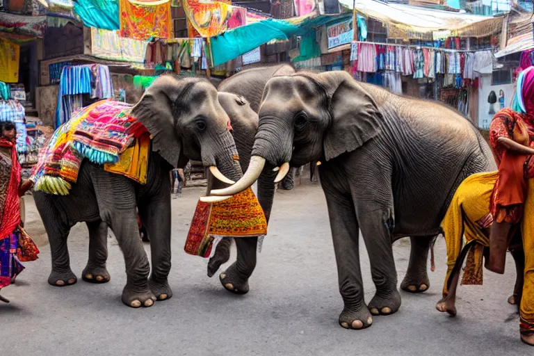 Image similar to elephants walking through an street market in India