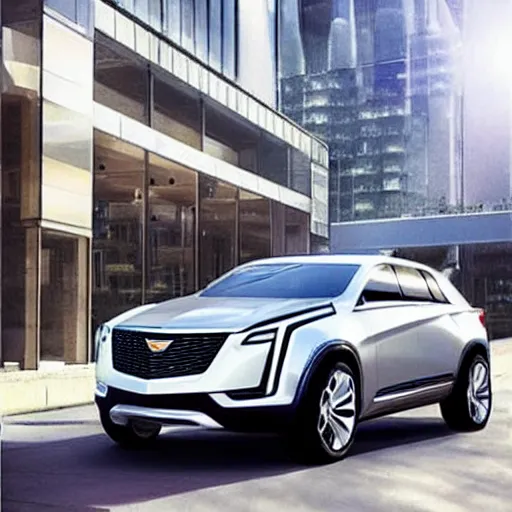 Image similar to “Cadillac autonomous SUV of the future, shiny new 2050 model, concept car, driving in a futuristic city.”