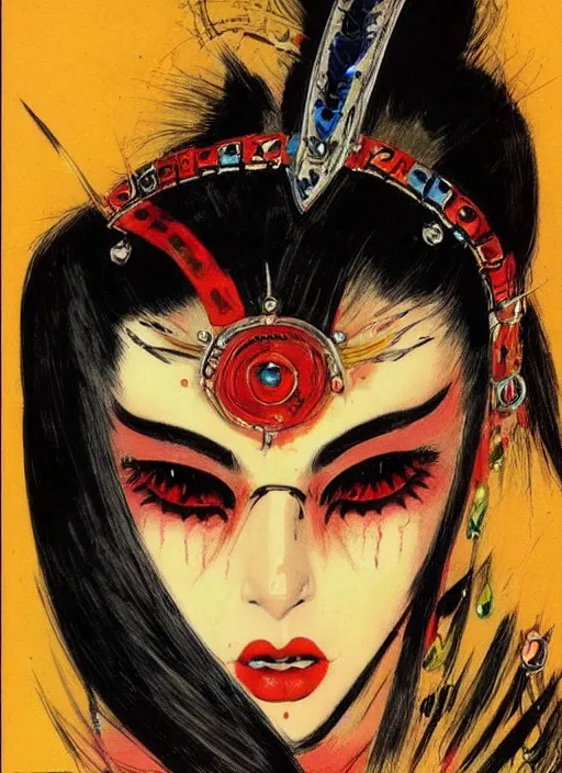 Image similar to female korean vampiress, jeweled headdress, heavy mascara, strong line, saturated color, beautiful! coherent! by frank frazetta, high contrast, minimalism