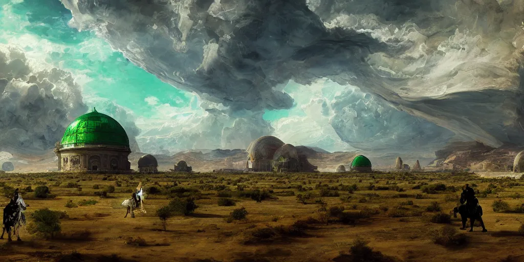 Prompt: hyper detailed painting of giant green emerald domes, sprawling across majestic parched plains, by francisco goya and rembrandt, unsettling, mysterious, by stephan martiniere and alexander fedosav, hyperrealism, 8 k resolution, behance hd, artstation, nightcafe