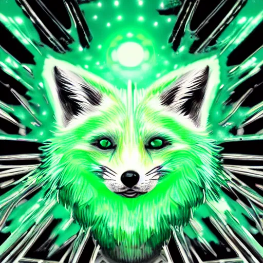 Prompt: digital green and white fox, retrowave palette, green digital world, highly detailed, electric breeze, anatomically correct vulpine, synth feel, fluffy face, ear floof, flowing fur, super realism, accurate animal imagery, 4 k digital art