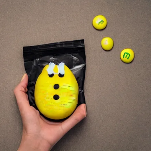 Prompt: yellow m & m with face holding a bag of white powder in its hands