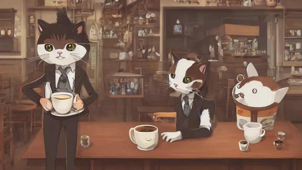 Image similar to a highly detailed portait of a cute little anthropomorphic cat barista wearing a suit in a coffee shop by studio ghibli, tiny, small, cute and adorable, pretty, beautiful, character art portrait, matte painting, Artstation