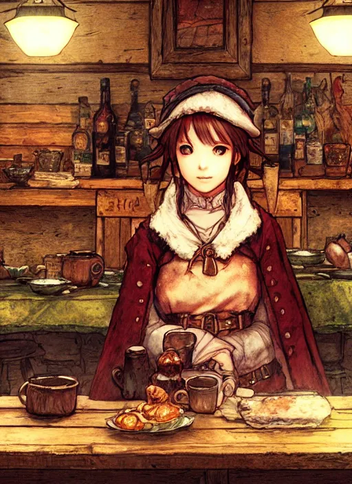 Image similar to portrait of the emerald herald sitting in a cozy tavern, hidari, color page, tankoban, 4K, tone mapping, Akihiko Yoshida.