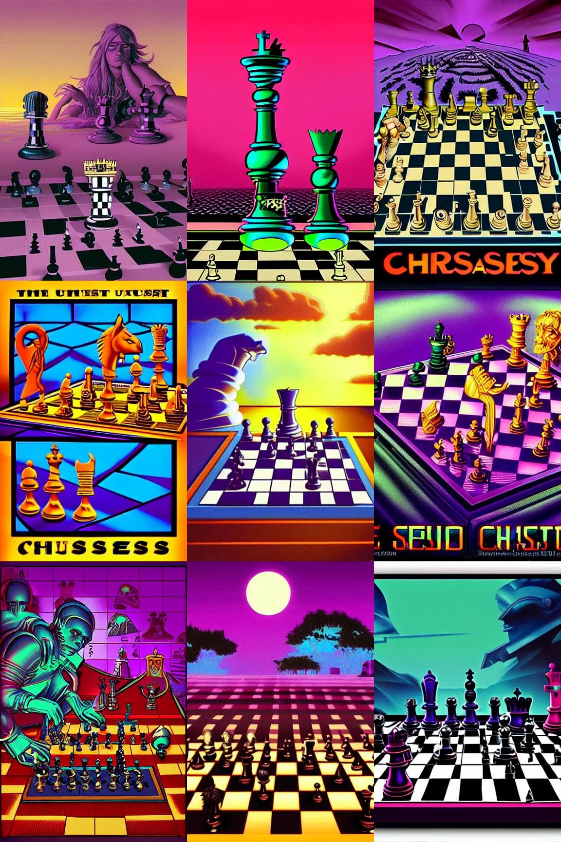 Prompt: surreal chess, 80s style synthwave, lofi, matte colors, in the aesthetic of Jeff easley, digital art