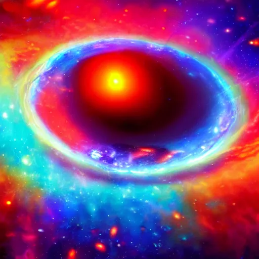 Prompt: a quasar being absorbed by a black hole with explosions of rainbow, trending on art station, digital art, 4k, space rendering, colorful