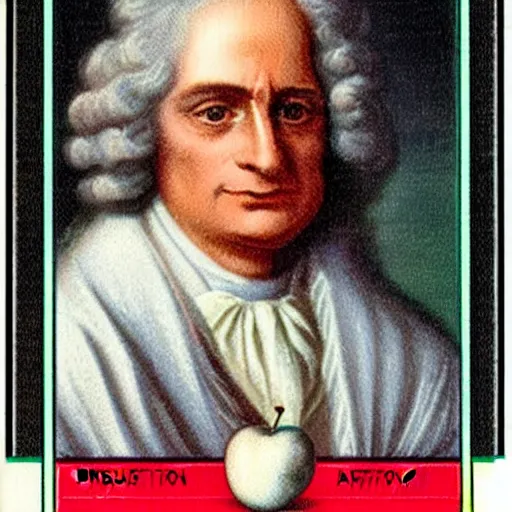 Prompt: mint condition topps rookie card trending on ebay of Isaac Newton inventing calculus while holding a red apple