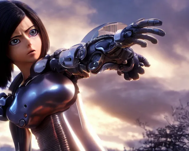 Prompt: battle angel alita, film still, photorealistic, lifelike, cinematic lighting, high detail, high resolution