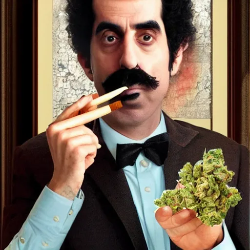 Prompt: A portrait of borat sagdiyev smoking a rolled marijuana joint, 8k, hyper realistic