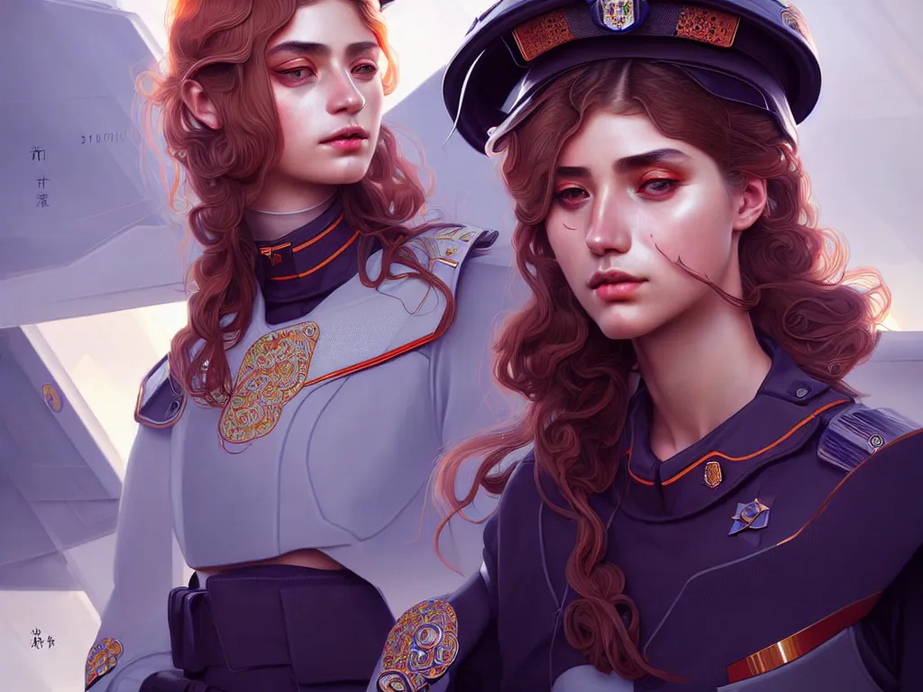 Image similar to portrait futuristic portugal police uniform girl, at future neon light rooftop, ssci - fi and fantasy, intricate and very very beautiful and elegant, highly detailed, digital painting, artstation, concept art, smooth and sharp focus, illustration, art by tan zi and ayanamikodon and alphonse mucha and wlop