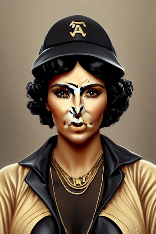 Image similar to Portrait of kim kardashian dressed as eazy e, big bust, ghetto, intricate, elegant, highly detailed, digital painting, artstation, concept art, smooth, sharp focus, illustration, art by artgerm and greg rutkowski and alphonse mucha