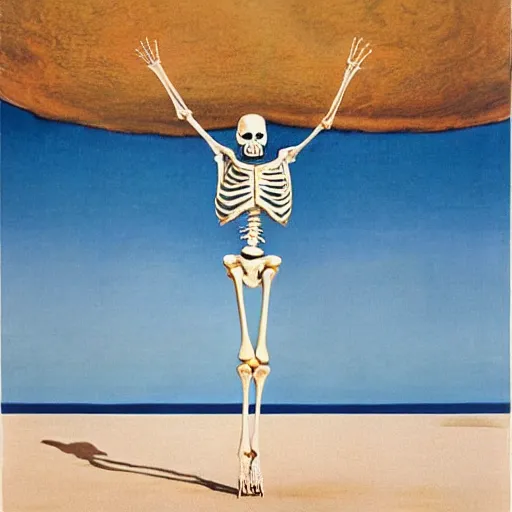 Image similar to a skeleton standing on a beach next to the ocean, a surrealist painting by Storm Thorgerson, featured on cg society, nuclear art, surrealist, apocalypse landscape, chillwave