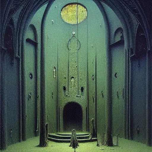 Image similar to church of the golden snail painting by beksinski, barlowe colors. masterpiece painting