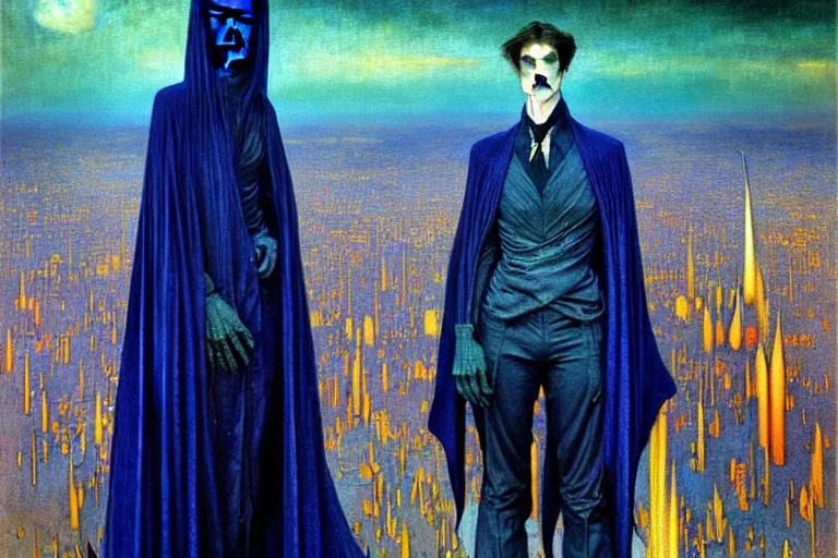 Image similar to realistic extremely detailed portrait painting of an elegantly creepy vampire man in a cape, futuristic sci-fi city on background by Jean Delville, Amano, Yves Tanguy, Alphonse Mucha, Ernst Haeckel, Edward Robert Hughes, Roger Dean, rich moody colours, blue eyes