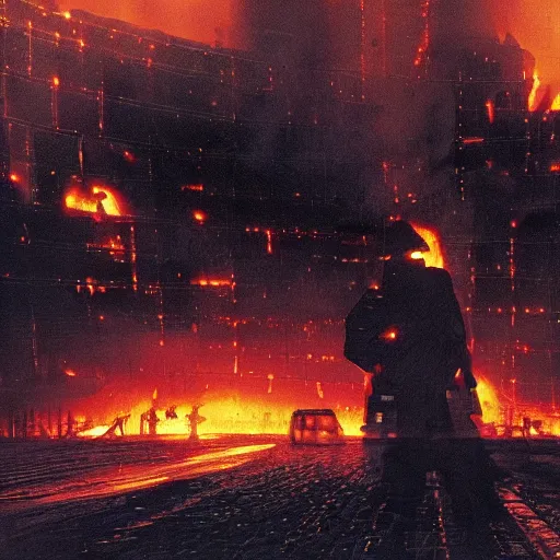 Prompt: a cyberpunk imagining of the hindenburg burning to the ground